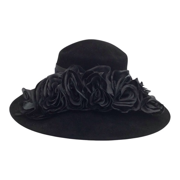 Vintage KŌKIN New York Black Velvet w Silk Flowers Formal Dress Hat - Picture 1 of 11